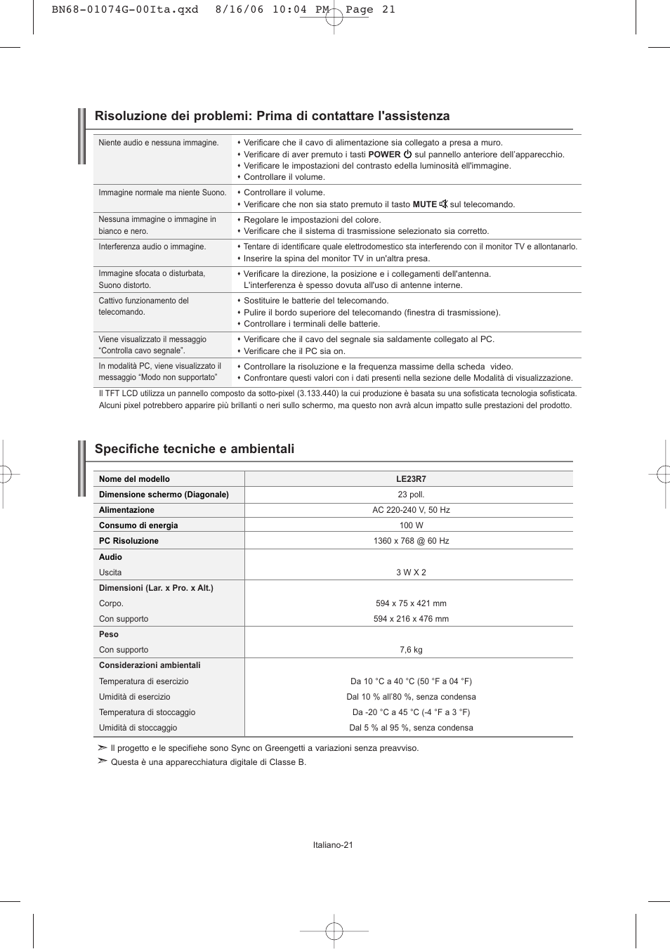 Specifiche tecniche e ambientali | Samsung LE23R71B User Manual | Page 149 / 152