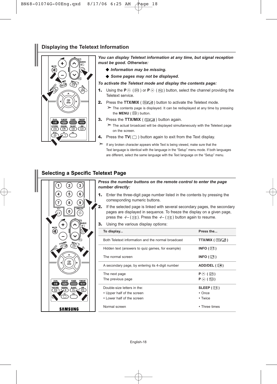 Displaying the teletext information, Selecting a specific teletext page | Samsung LE23R71B User Manual | Page 20 / 152
