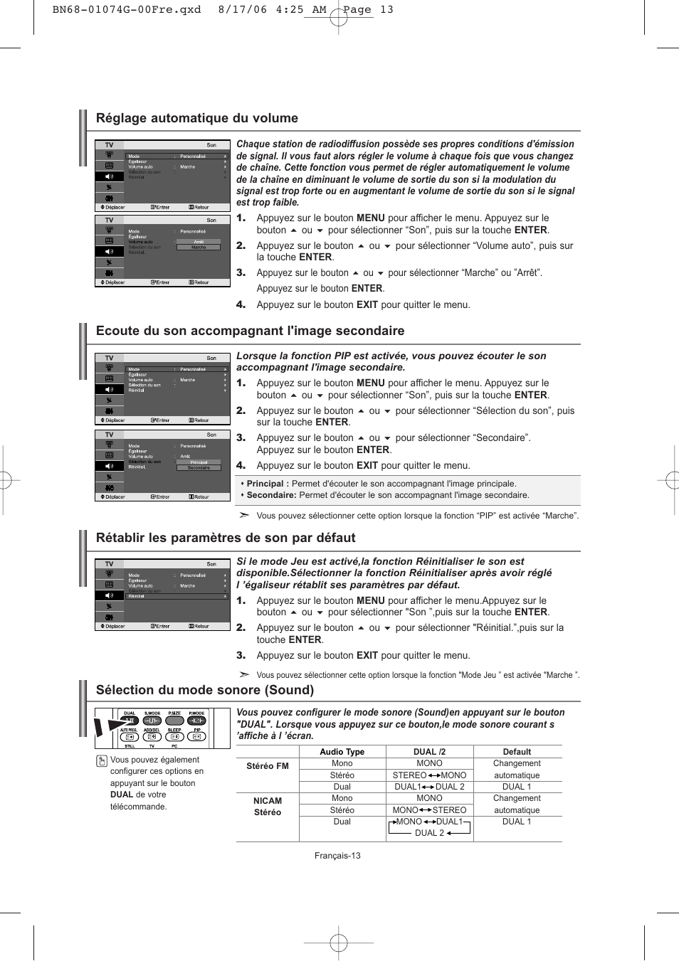 Ecoute du son accompagnant l'image secondaire, Réglage automatique du volume | Samsung LE23R71B User Manual | Page 36 / 152