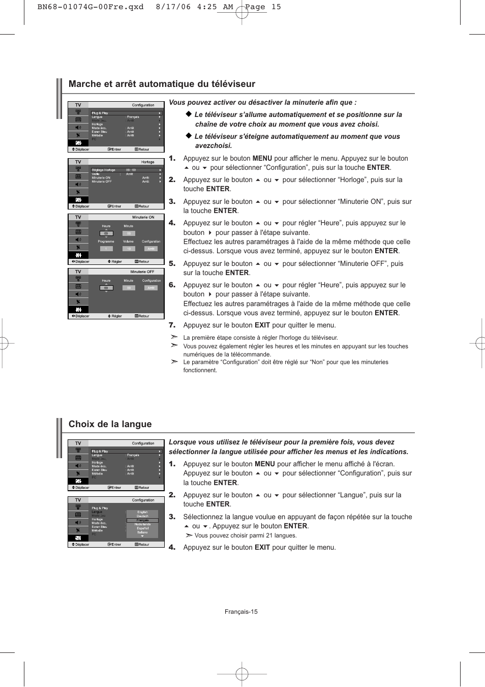 Marche et arrêt automatique du téléviseur, Choix de la langue | Samsung LE23R71B User Manual | Page 38 / 152