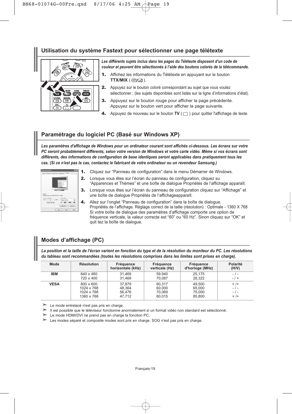 Paramétrage du logiciel pc (basé sur windows xp), Modes d’affichage (pc) | Samsung LE23R71B User Manual | Page 42 / 152