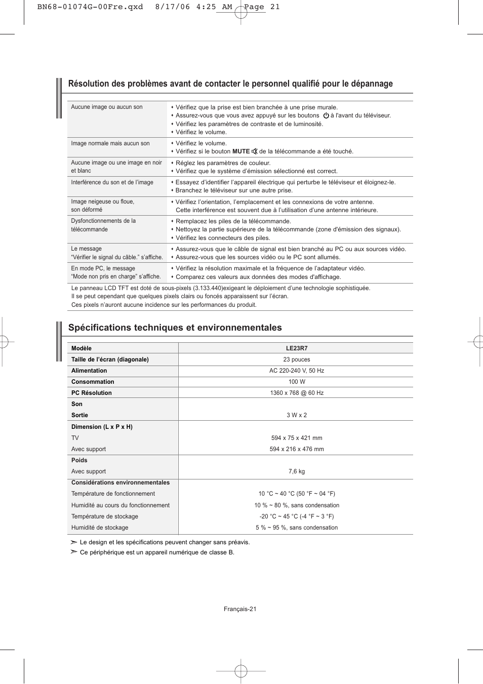 Spécifications techniques et environnementales | Samsung LE23R71B User Manual | Page 44 / 152