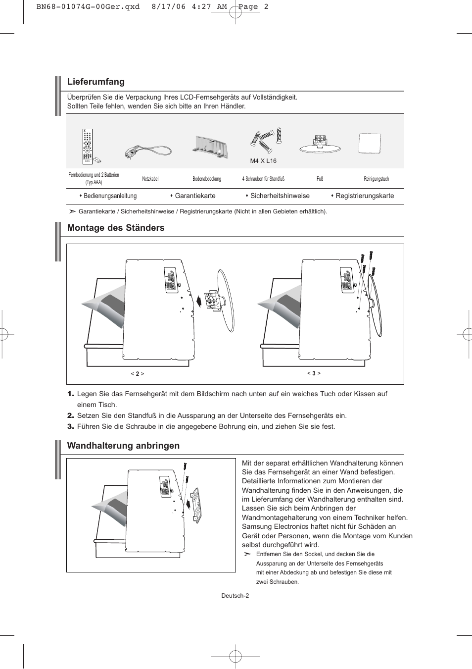 Lieferumfang, Montage des ständers, Wandhalterung anbringen | Samsung LE23R71B User Manual | Page 46 / 152