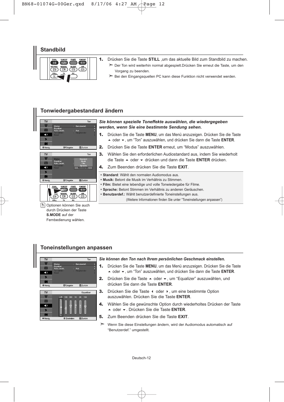 Toneinstellungen anpassen, Tonwiedergabestandard ändern, Standbild | Samsung LE23R71B User Manual | Page 56 / 152