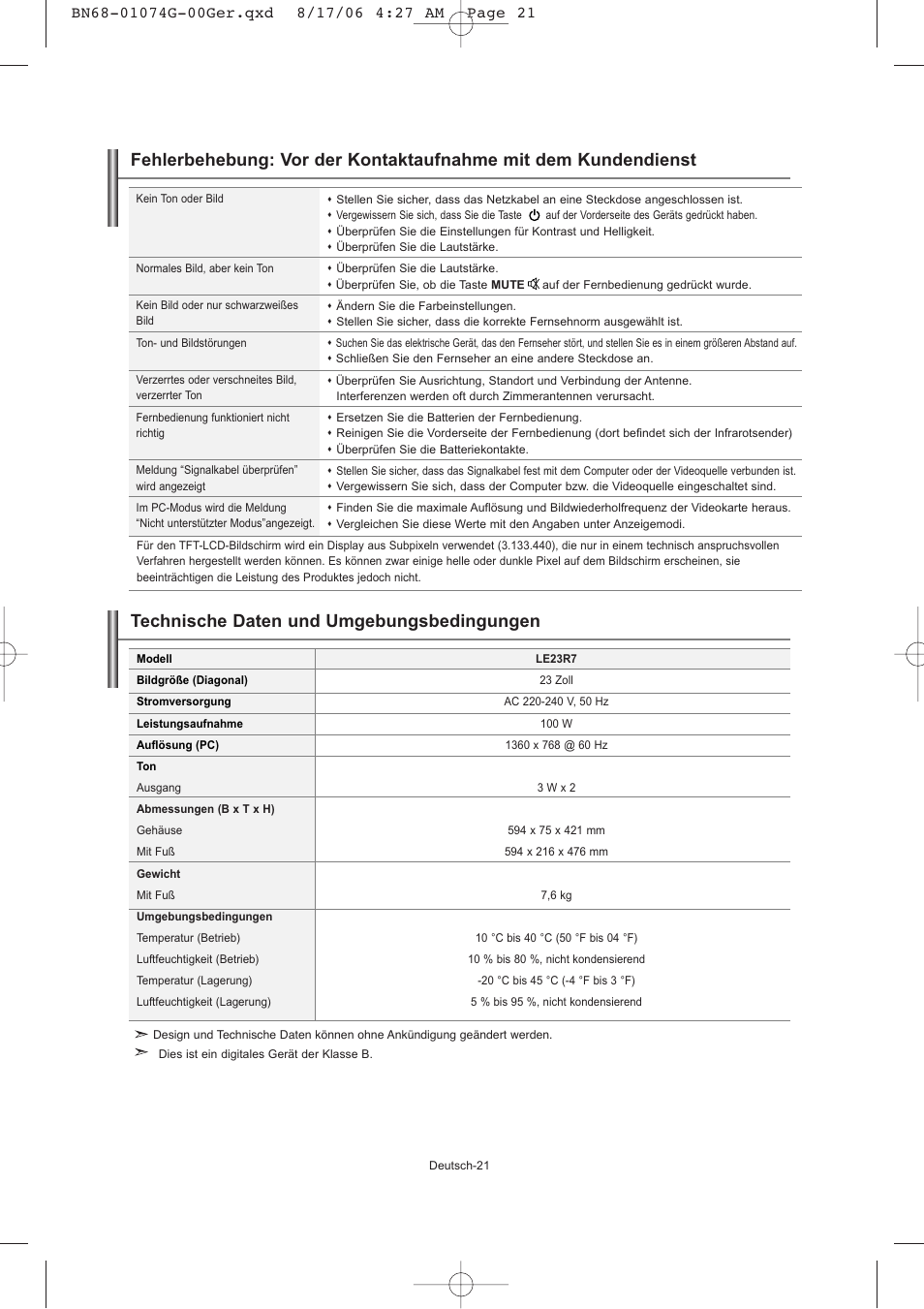 Technische daten und umgebungsbedingungen | Samsung LE23R71B User Manual | Page 65 / 152