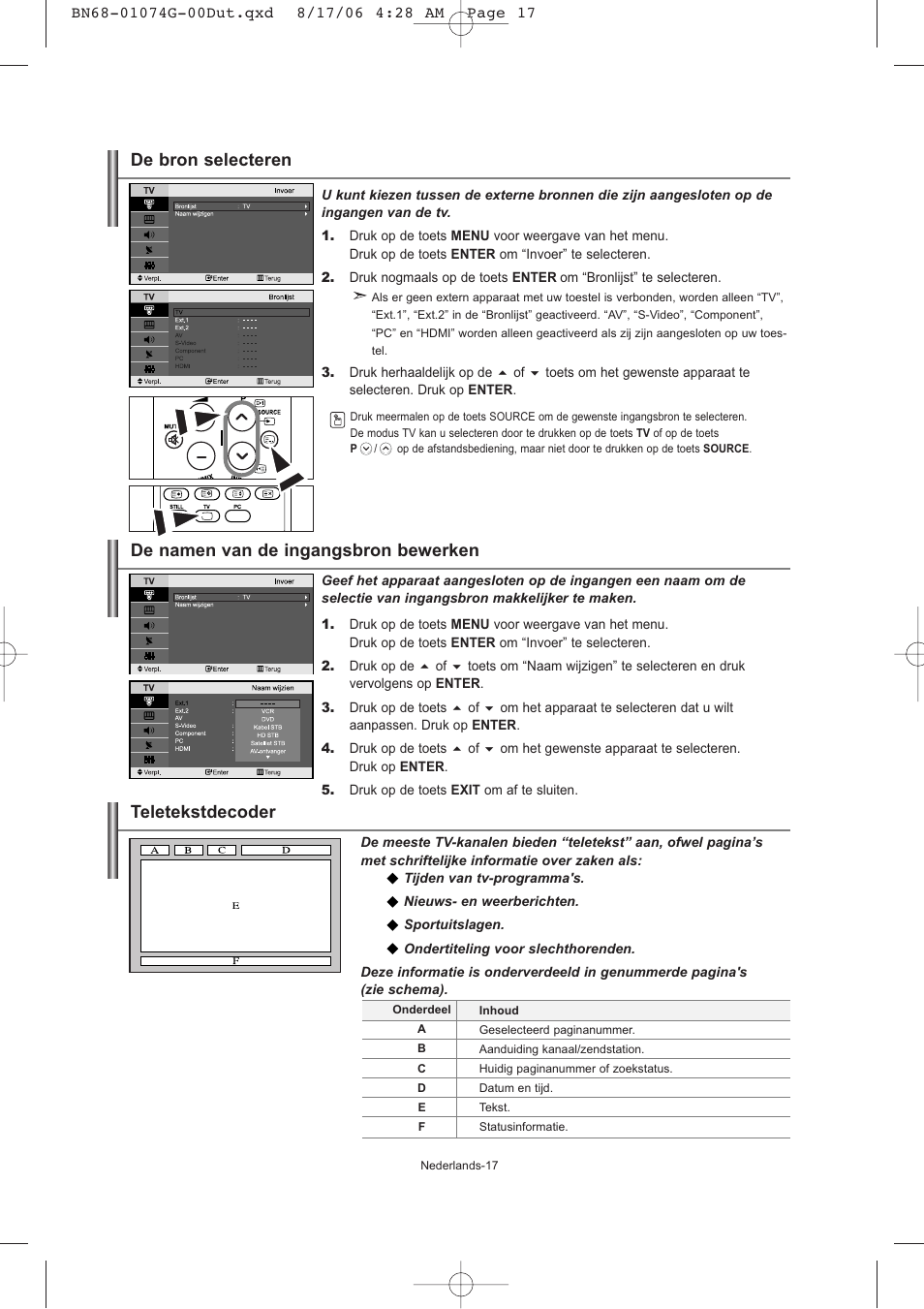 Teletekstdecoder, De namen van de ingangsbron bewerken, De bron selecteren | Samsung LE23R71B User Manual | Page 82 / 152