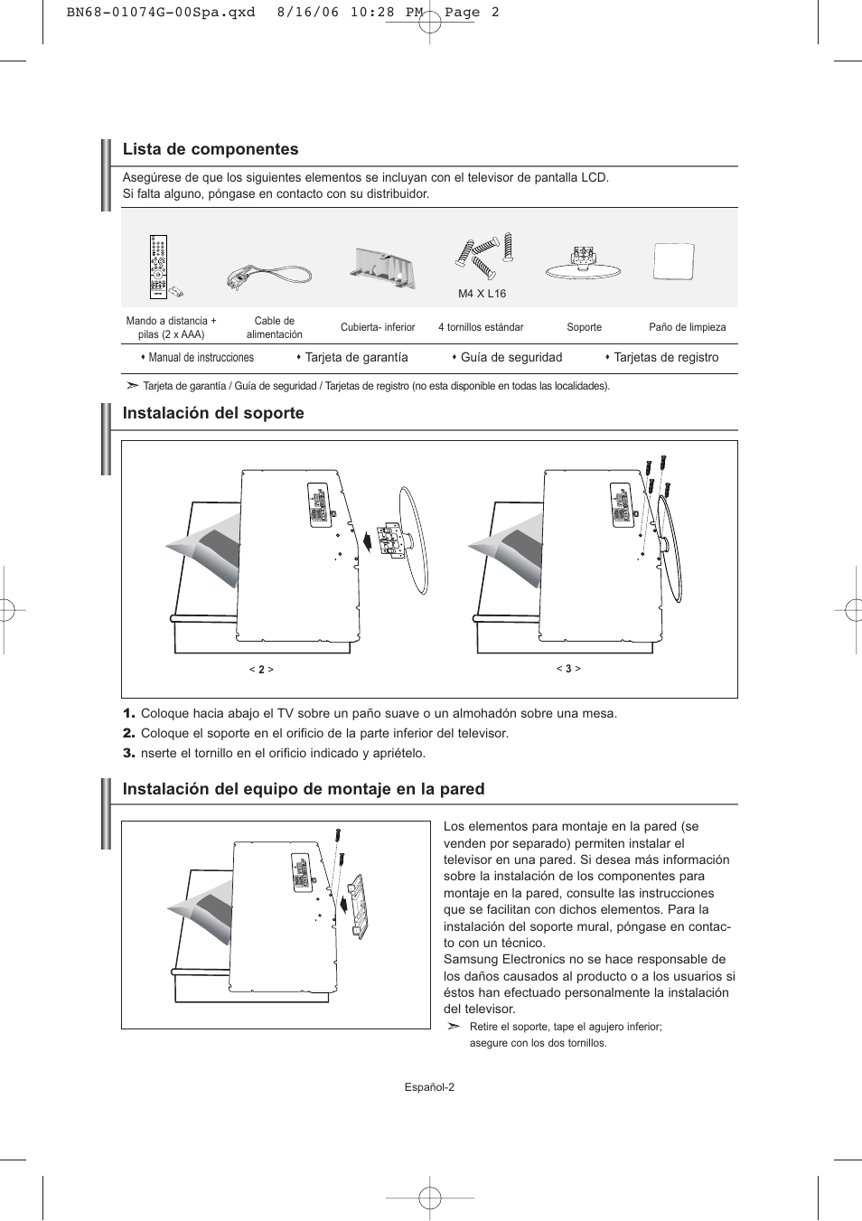 Lista de componentes, Instalación del soporte, Instalación del equipo de montaje en la pared | Samsung LE23R71B User Manual | Page 88 / 152