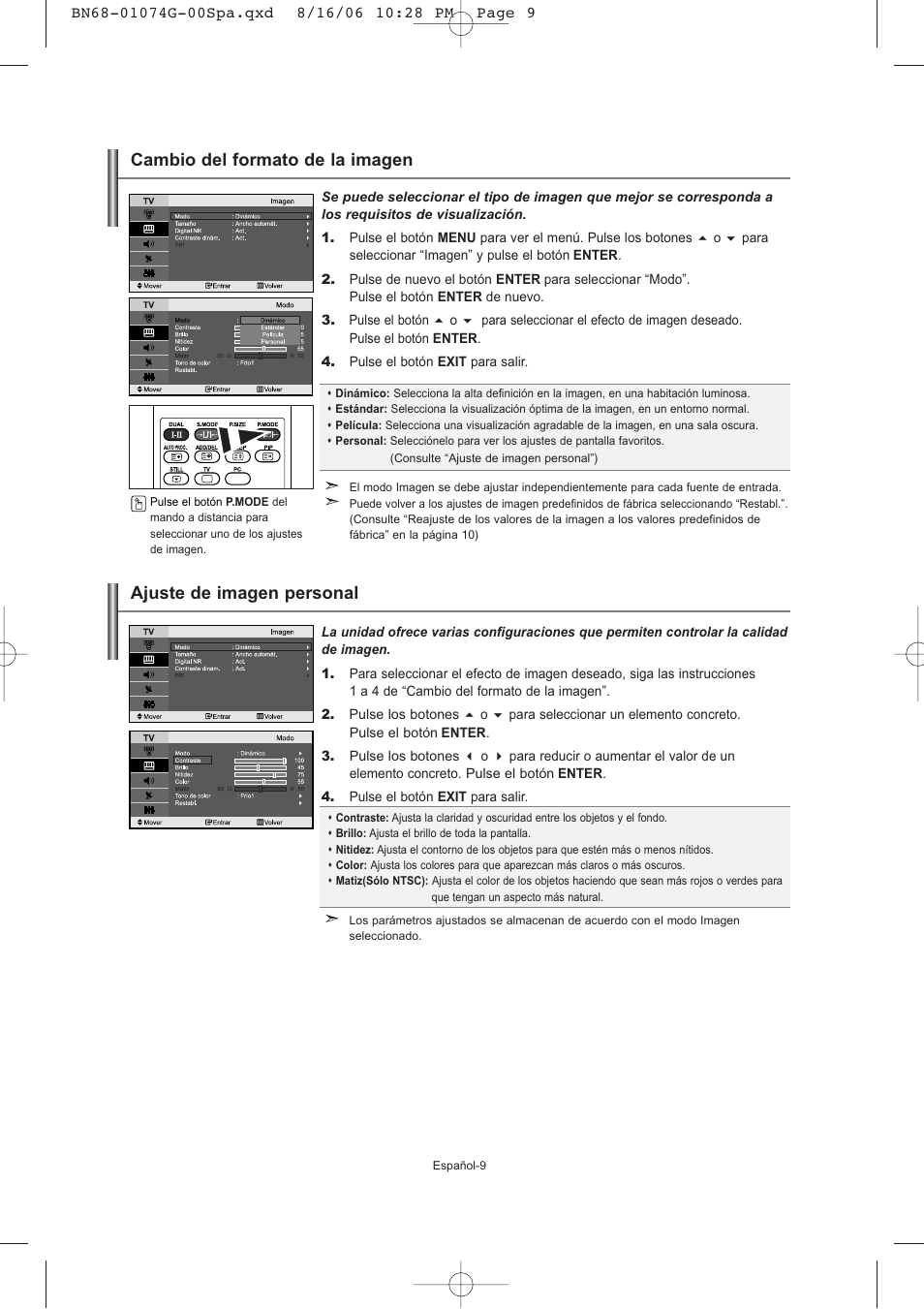 Cambio del formato de la imagen, Ajuste de imagen personal | Samsung LE23R71B User Manual | Page 95 / 152