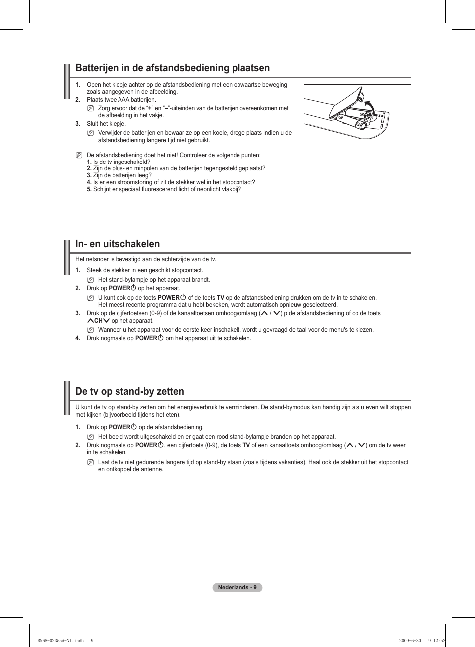 Batterijen in de afstandsbediening plaatsen, In- en uitschakelen, De tv op stand-by zetten | Samsung PS50B530S2W User Manual | Page 114 / 319