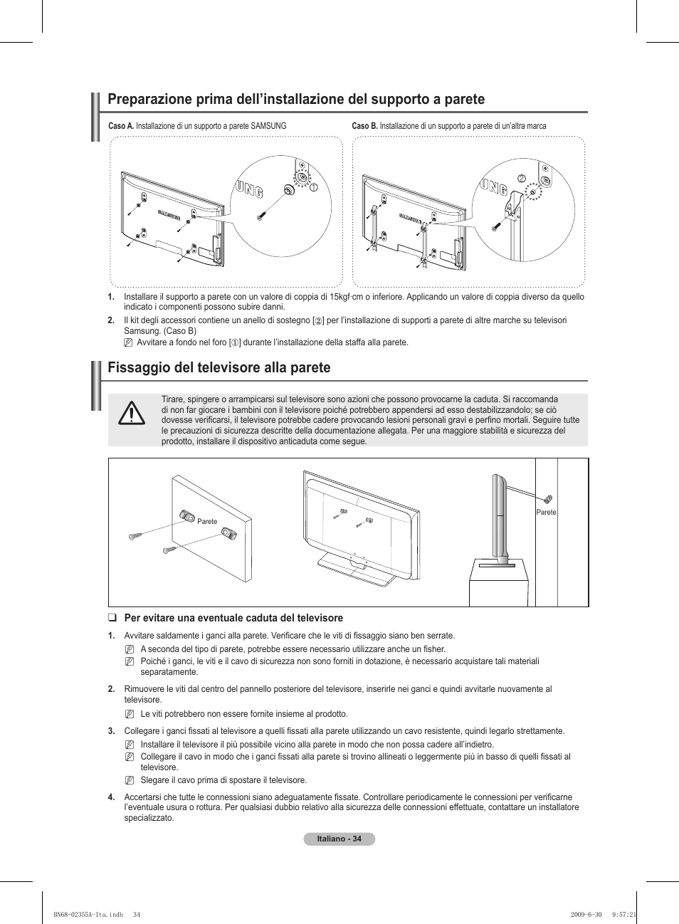 경고 주의 경고 주의, Fissaggio del televisore alla parete | Samsung PS50B530S2W User Manual | Page 174 / 319