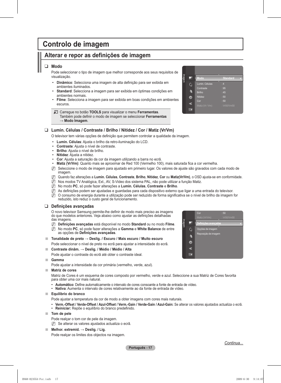 Controlo de imagem, Alterar e repor as definições de imagem, Modo | Definições avançadas | Samsung PS50B530S2W User Manual | Page 228 / 319