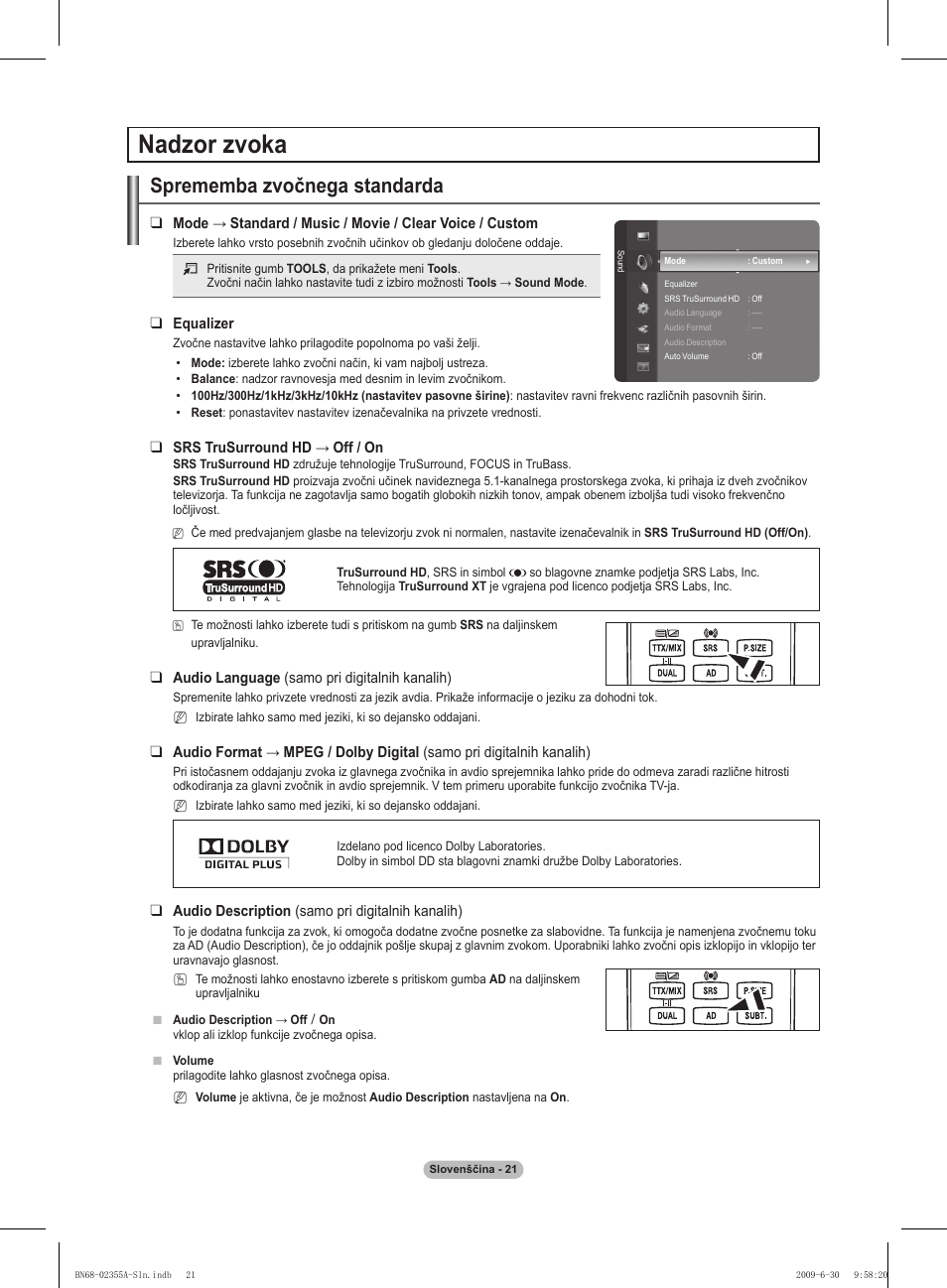 Nadzor zvoka, Sprememba zvočnega standarda | Samsung PS50B530S2W User Manual | Page 267 / 319