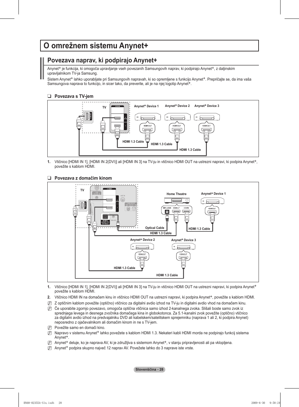 O omrežnem sistemu anynet, Povezava naprav, ki podpirajo anynet | Samsung PS50B530S2W User Manual | Page 274 / 319