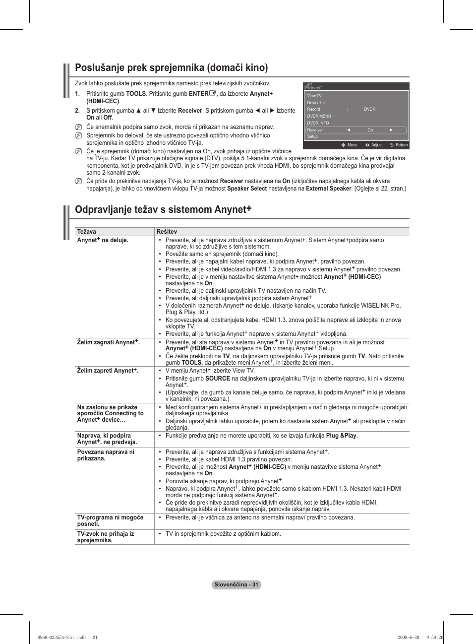 Poslušanje prek sprejemnika (domači kino), Odpravljanje težav s sistemom anynet | Samsung PS50B530S2W User Manual | Page 277 / 319
