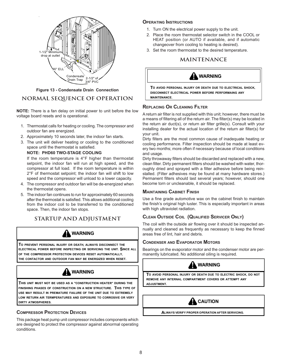 Normal sequence of operation, Startup and adjustment, Maintenance | Amana PACKAGE HEAT PUMP User Manual | Page 8 / 20