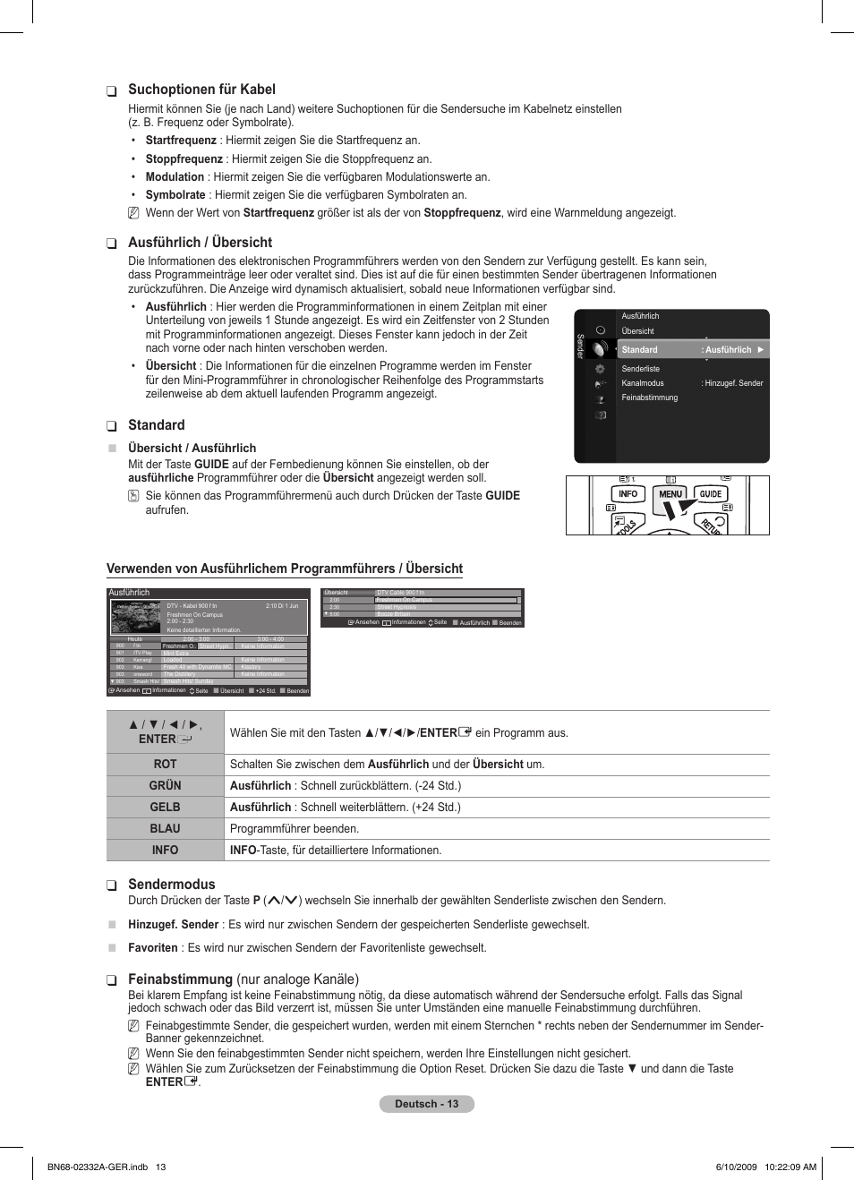 Suchoptionen für kabel, Ausführlich / übersicht, Standard | Sendermodus, Feinabstimmung ❑ (nur analoge kanäle) | Samsung PS50B560T7W User Manual | Page 108 / 400