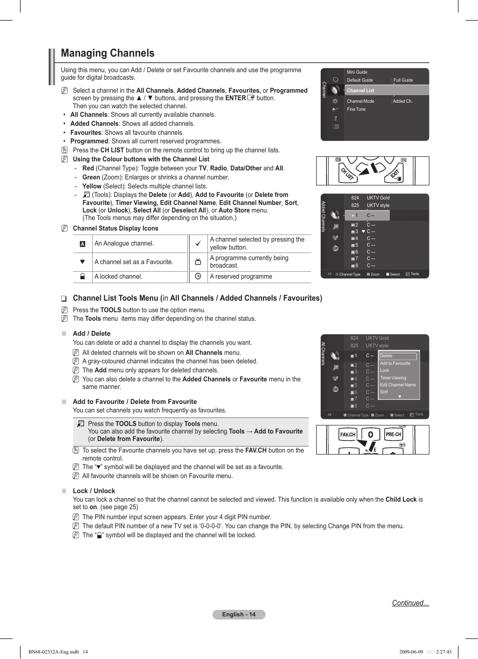 Managing channels, Continued | Samsung PS50B560T7W User Manual | Page 14 / 400