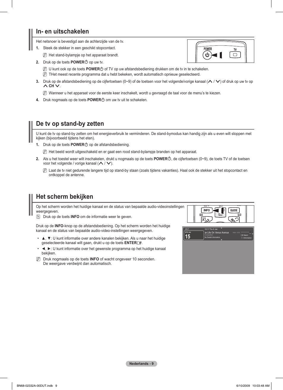 In- en uitschakelen, De tv op stand-by zetten, Het scherm bekijken | Samsung PS50B560T7W User Manual | Page 147 / 400