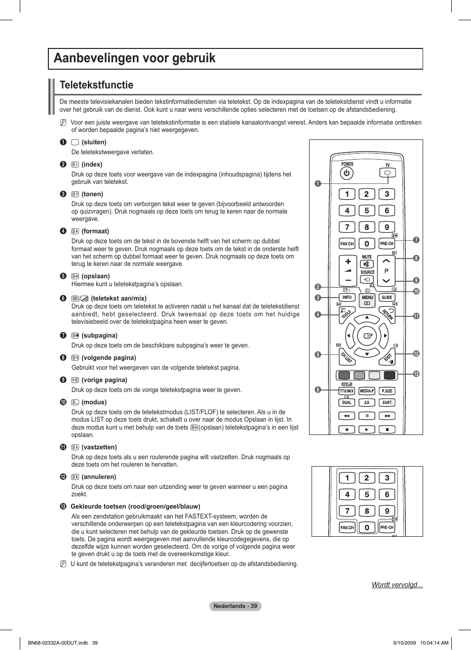 Aanbevelingen voor gebruik, Teletekstfunctie | Samsung PS50B560T7W User Manual | Page 177 / 400