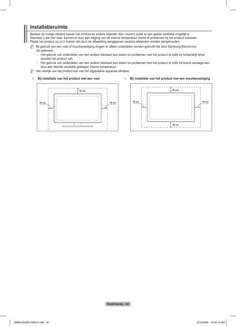 Installatieruimte | Samsung PS50B560T7W User Manual | Page 180 / 400