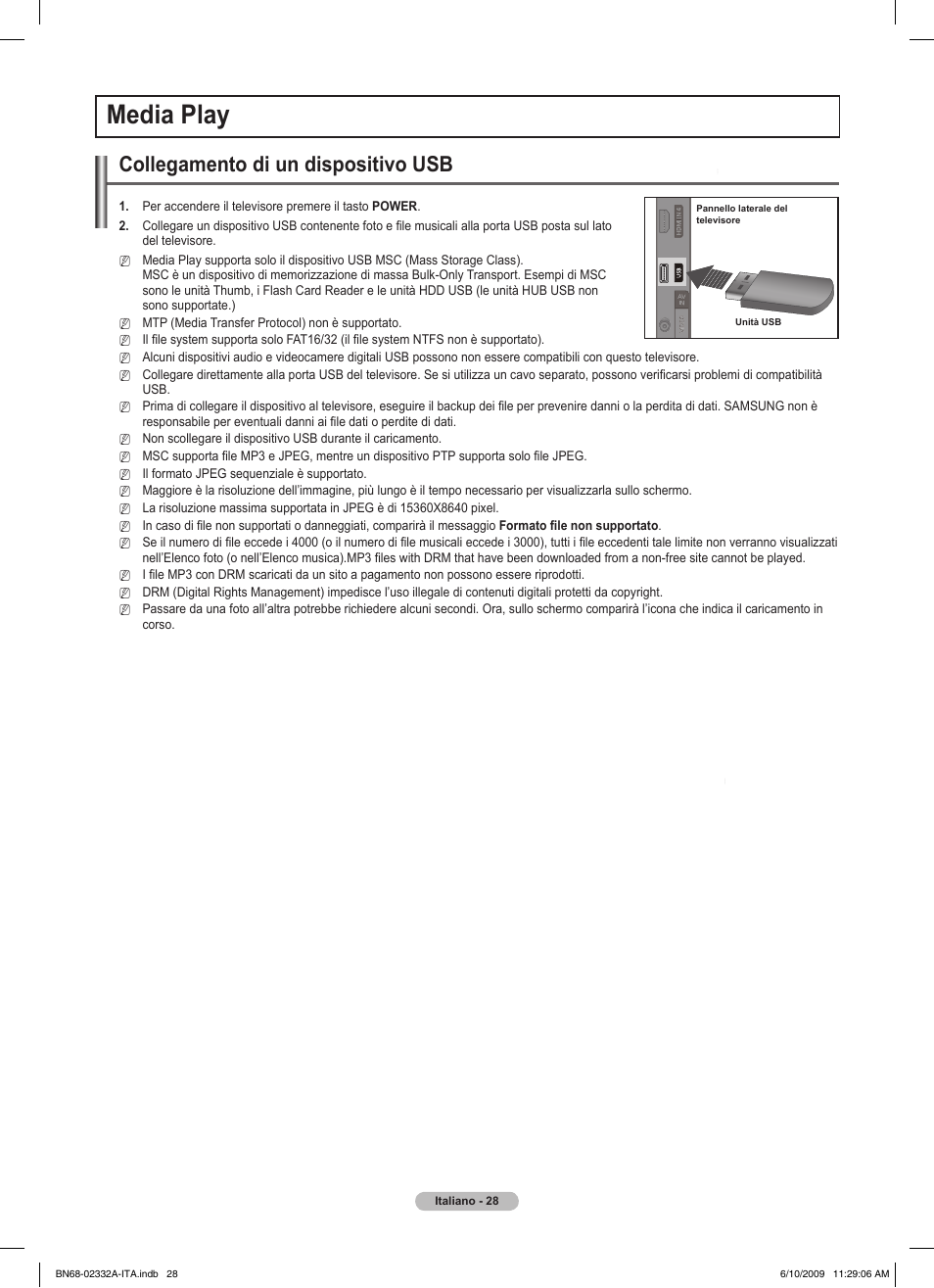 Media play, Collegamento di un dispositivo usb | Samsung PS50B560T7W User Manual | Page 209 / 400