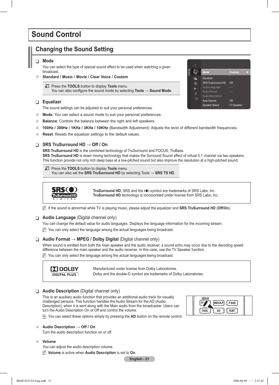 Sound control, Changing the sound setting | Samsung PS50B560T7W User Manual | Page 21 / 400