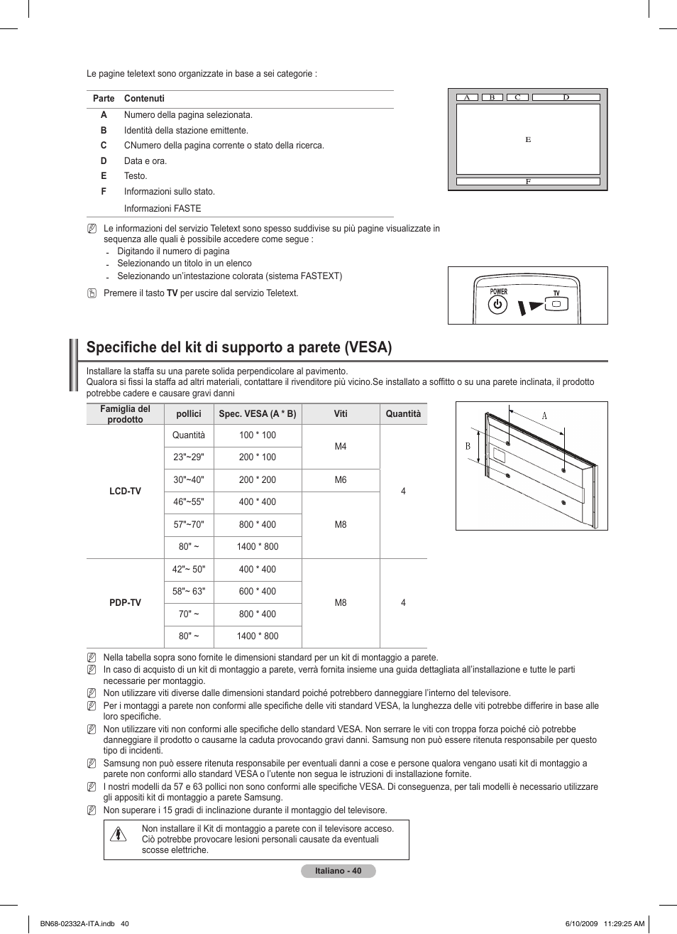 Specifiche del kit di supporto a parete (vesa) | Samsung PS50B560T7W User Manual | Page 221 / 400