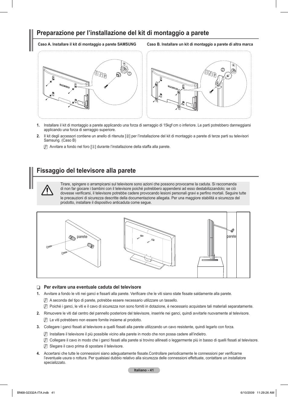 경고 주의 경고 주의, Fissaggio del televisore alla parete | Samsung PS50B560T7W User Manual | Page 222 / 400