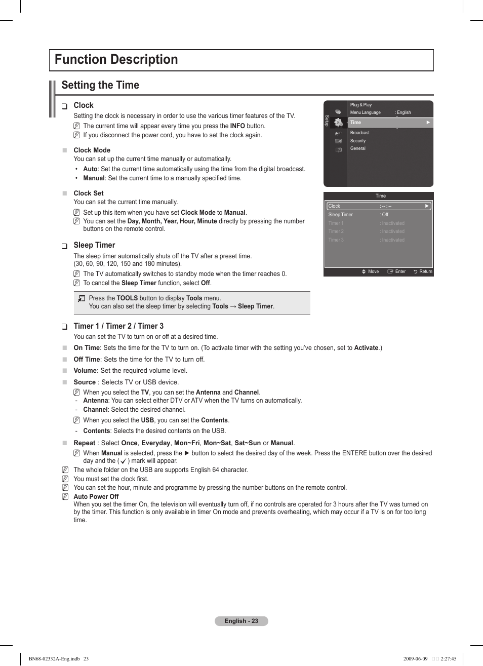 Function description, Setting the time | Samsung PS50B560T7W User Manual | Page 23 / 400