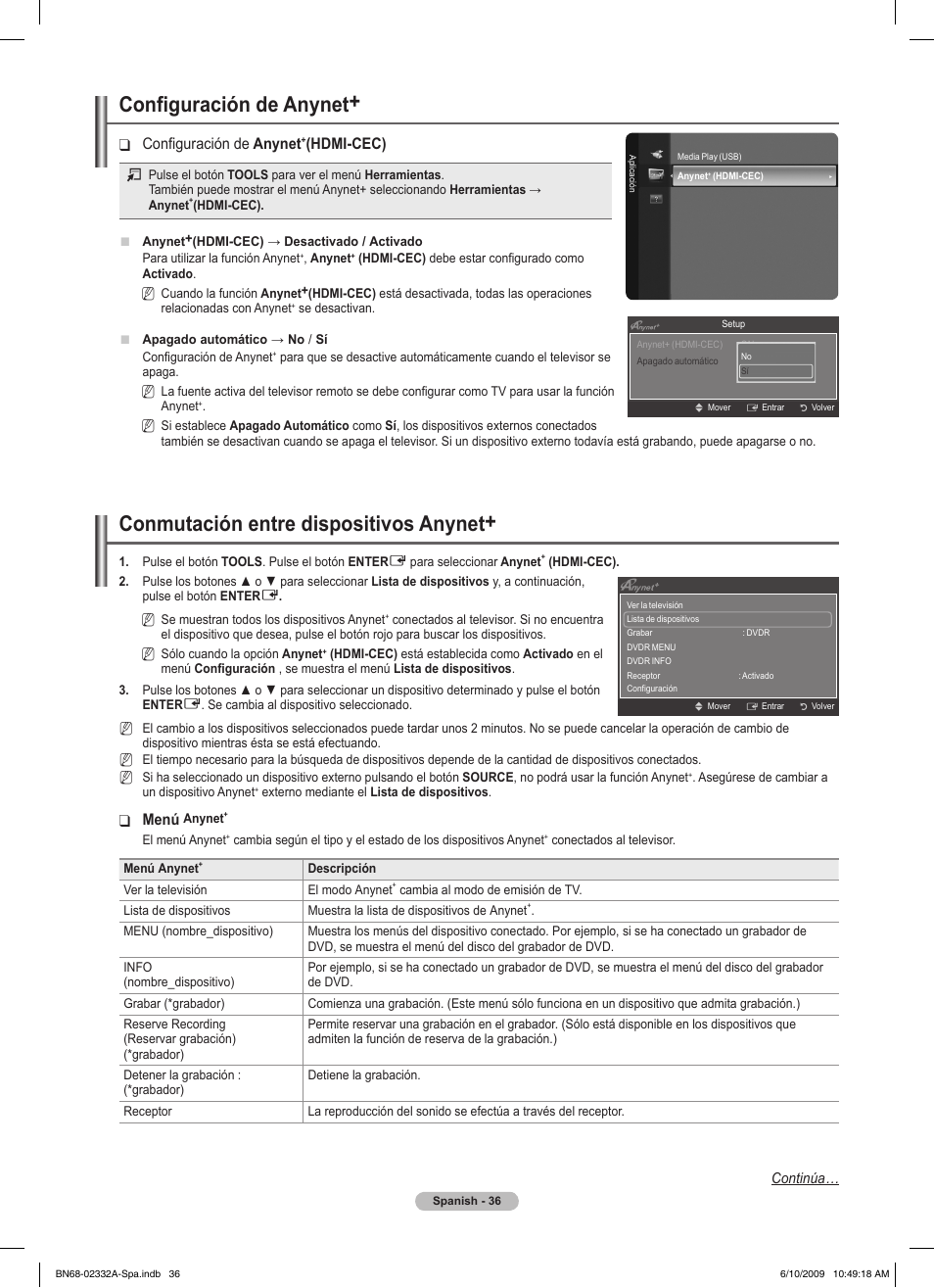Configuración de anynet, Conmutación entre dispositivos anynet, Configuración de ❑ anynet | Hdmi-cec), Menú | Samsung PS50B560T7W User Manual | Page 261 / 400