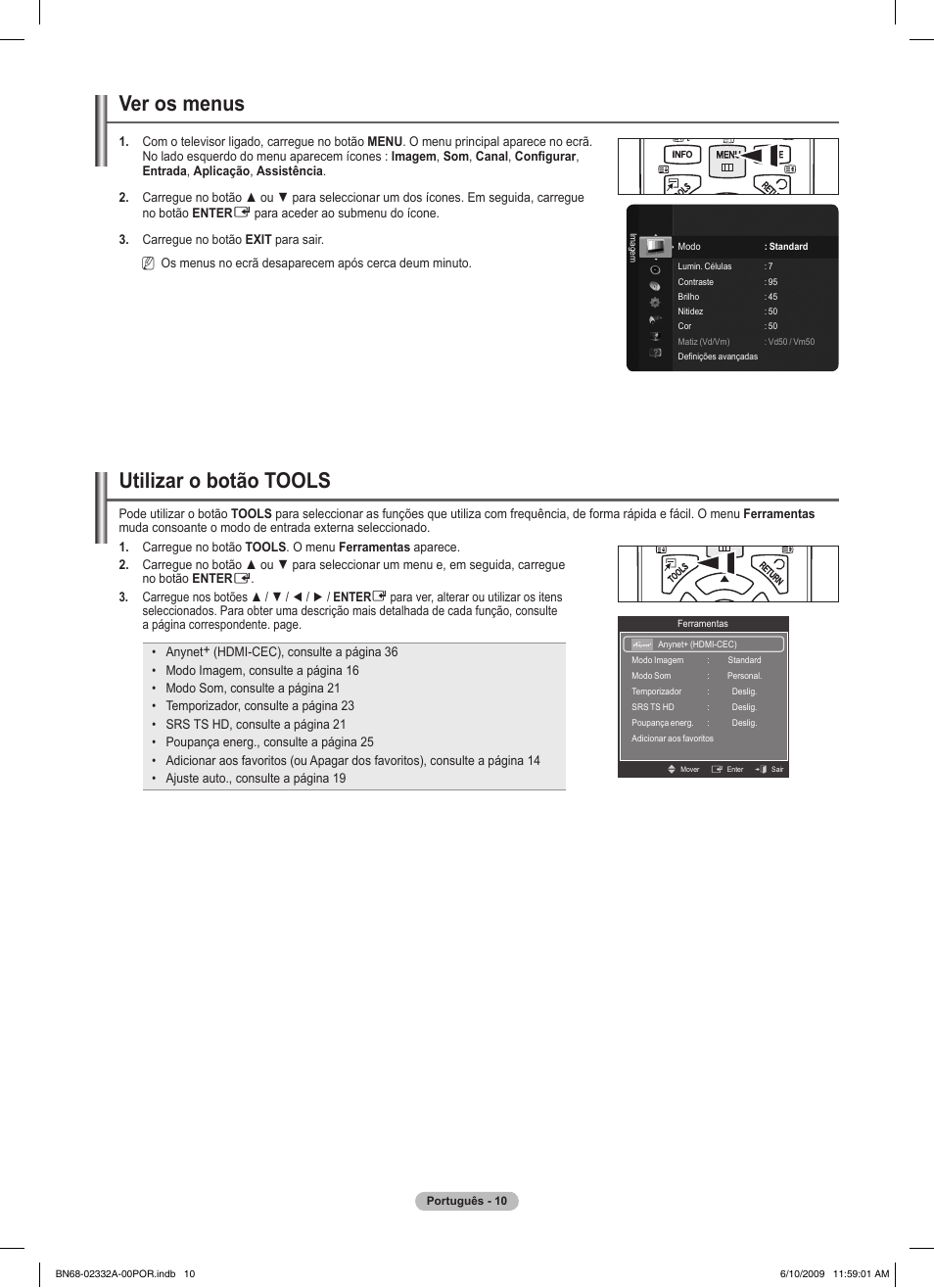 Ver os menus, Utilizar o botão tools | Samsung PS50B560T7W User Manual | Page 278 / 400
