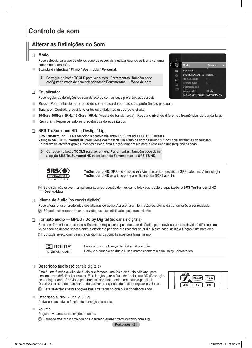 Controlo de som, Alterar as definições do som | Samsung PS50B560T7W User Manual | Page 289 / 400
