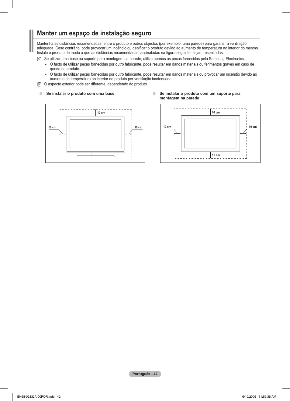 Manter um espaço de instalação seguro | Samsung PS50B560T7W User Manual | Page 310 / 400