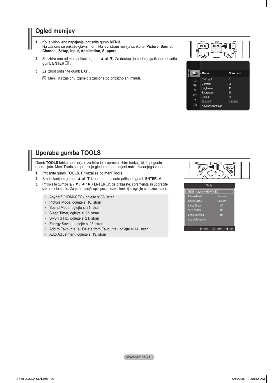 Ogled menijev, Uporaba gumba tools | Samsung PS50B560T7W User Manual | Page 321 / 400