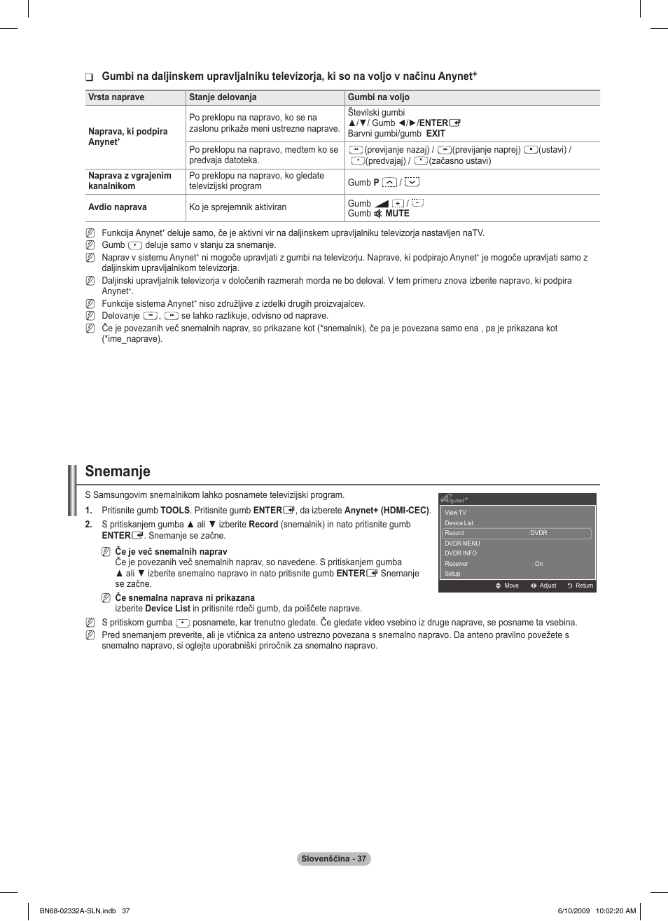 Snemanje | Samsung PS50B560T7W User Manual | Page 348 / 400