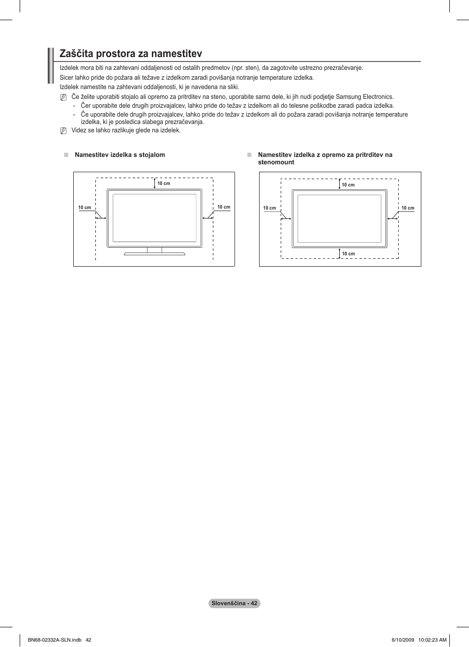Zaščita prostora za namestitev | Samsung PS50B560T7W User Manual | Page 353 / 400