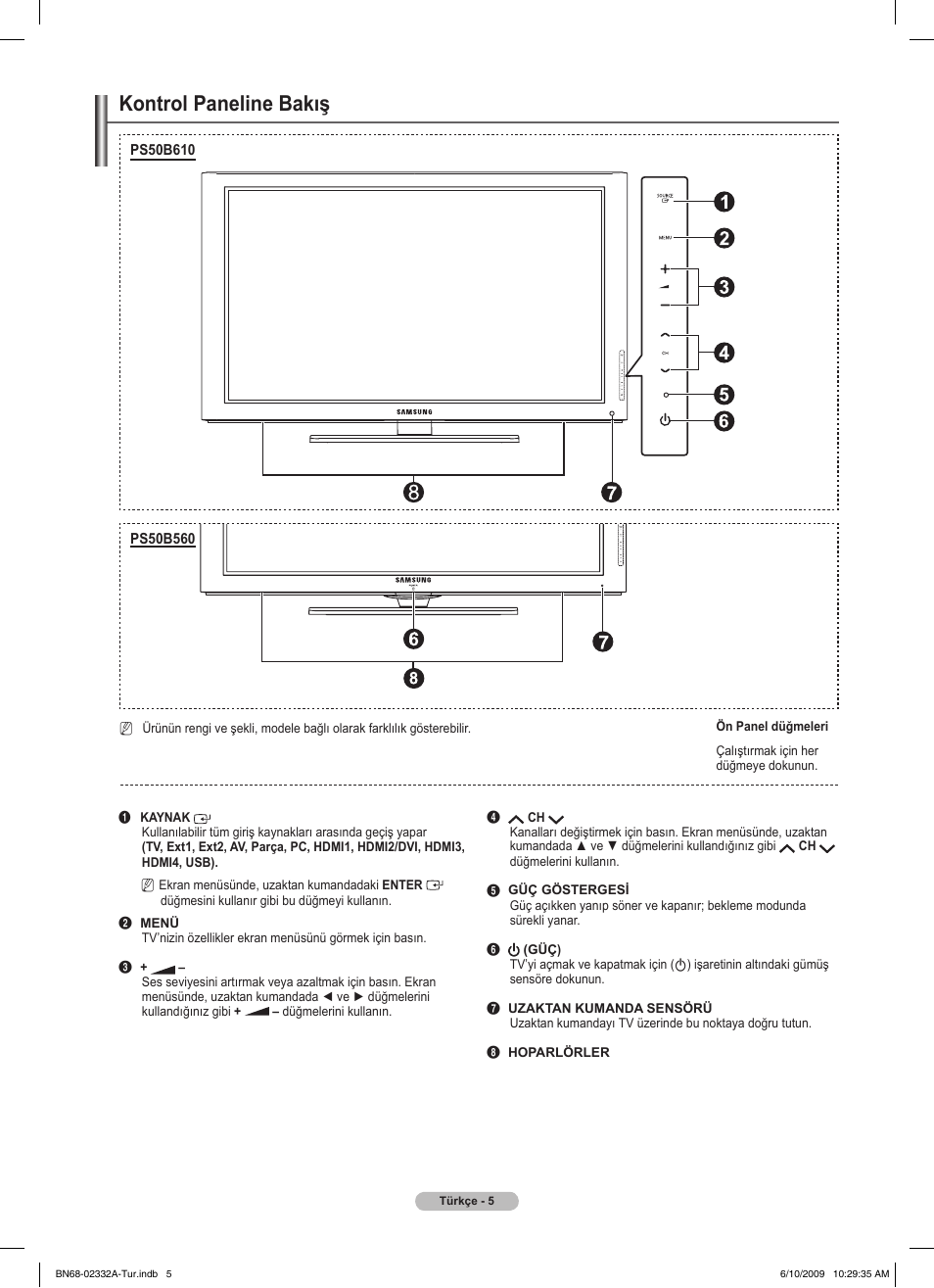 Kontrol paneline bakış | Samsung PS50B560T7W User Manual | Page 359 / 400