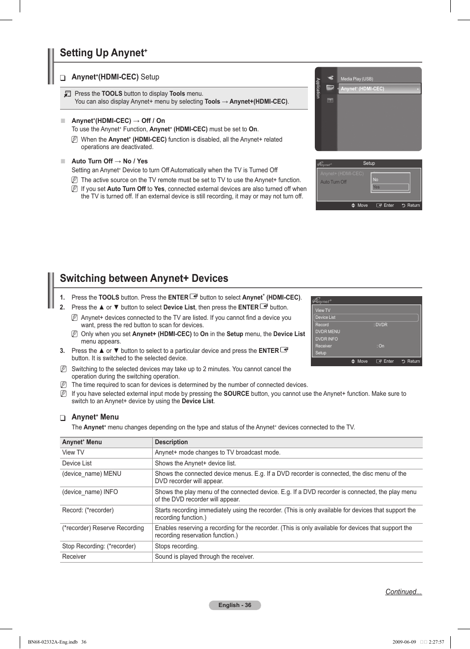 Setting up anynet, Switching between anynet+ devices, Anynet | Hdmi-cec) setup, Menu | Samsung PS50B560T7W User Manual | Page 36 / 400