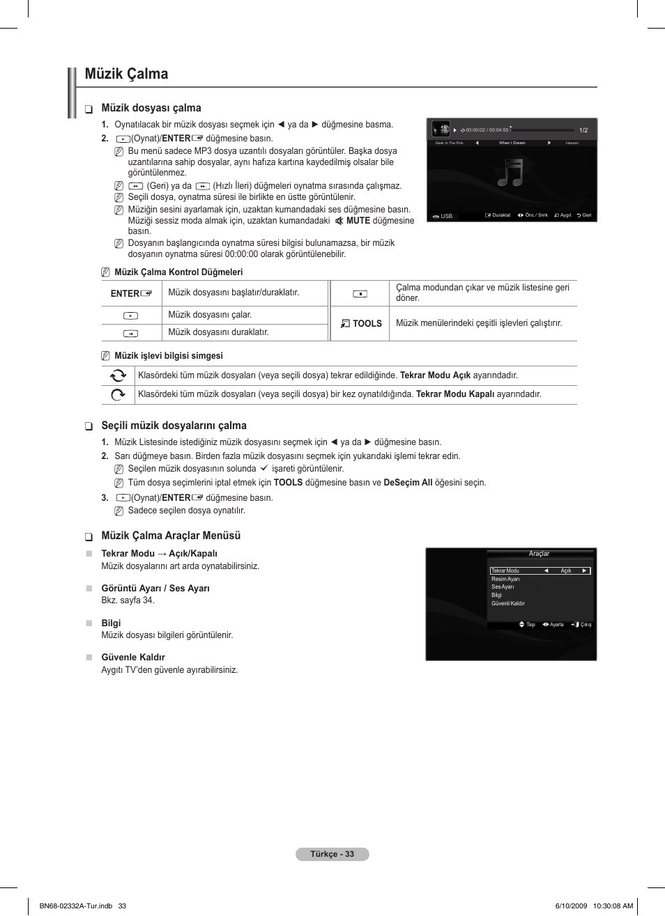 Müzik çalma, Müzik dosyası çalma, Seçili müzik dosyalarını çalma | Müzik çalma araçlar menüsü | Samsung PS50B560T7W User Manual | Page 387 / 400