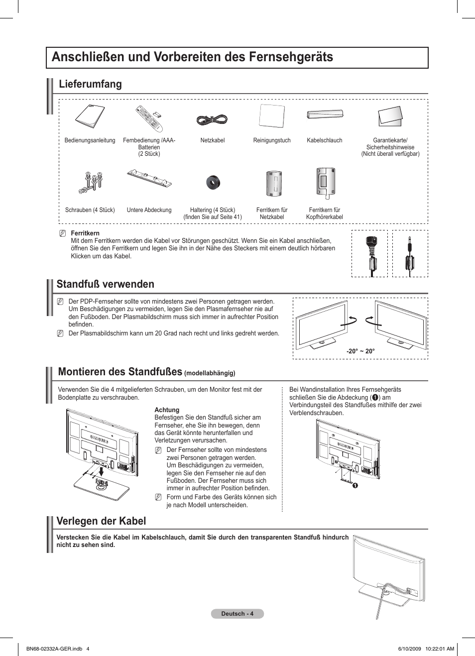 Anschließen und vorbereiten des fernsehgeräts, Standfuß verwenden, Montieren des standfußes | Lieferumfang, Verlegen der kabel | Samsung PS50B560T7W User Manual | Page 99 / 400