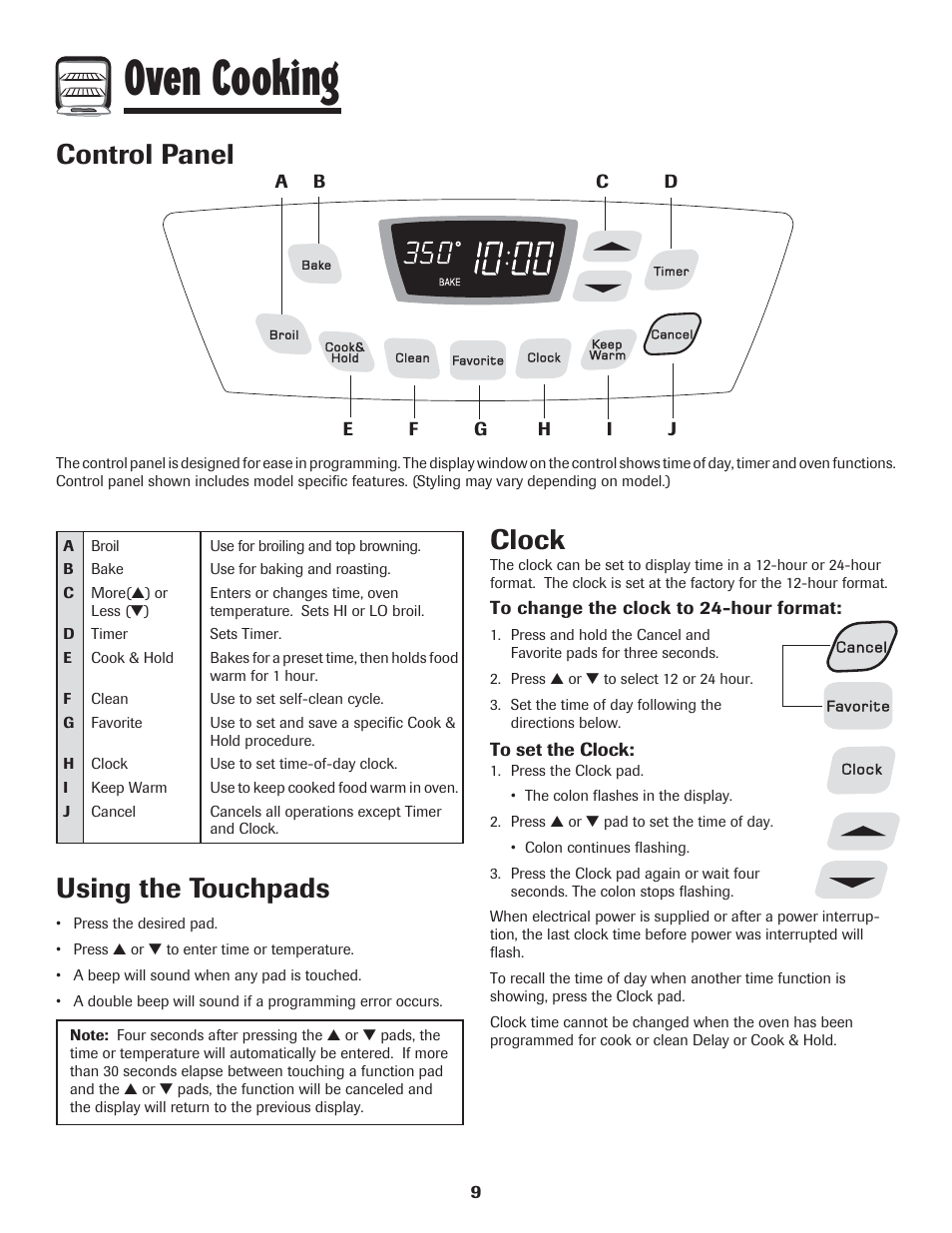 Oven cooking, Control panel, Using the touchpads | Clock | Amana 8113P454-60 User Manual | Page 10 / 84