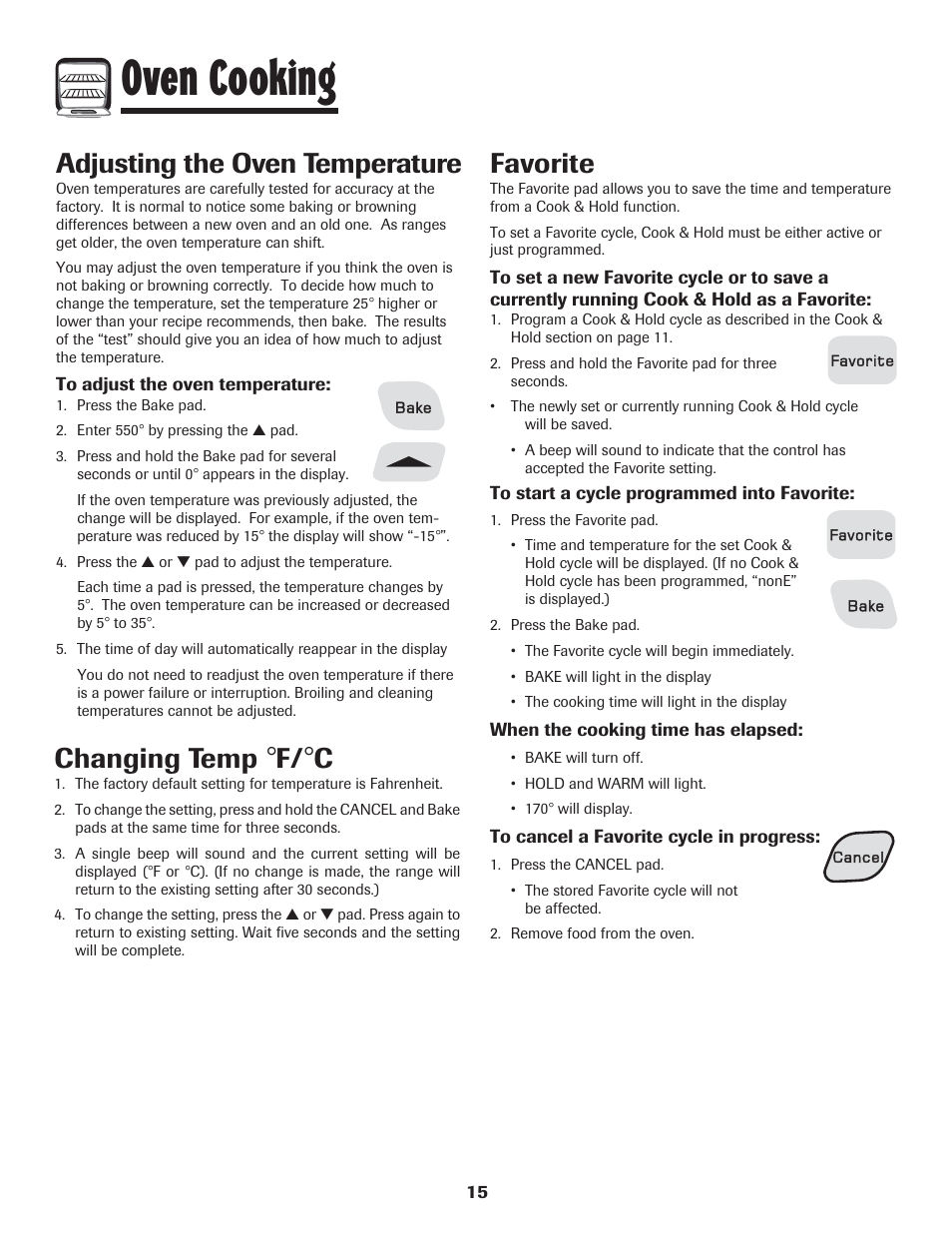 Oven cooking, Favorite, Adjusting the oven temperature | Changing temp | Amana 8113P454-60 User Manual | Page 16 / 84