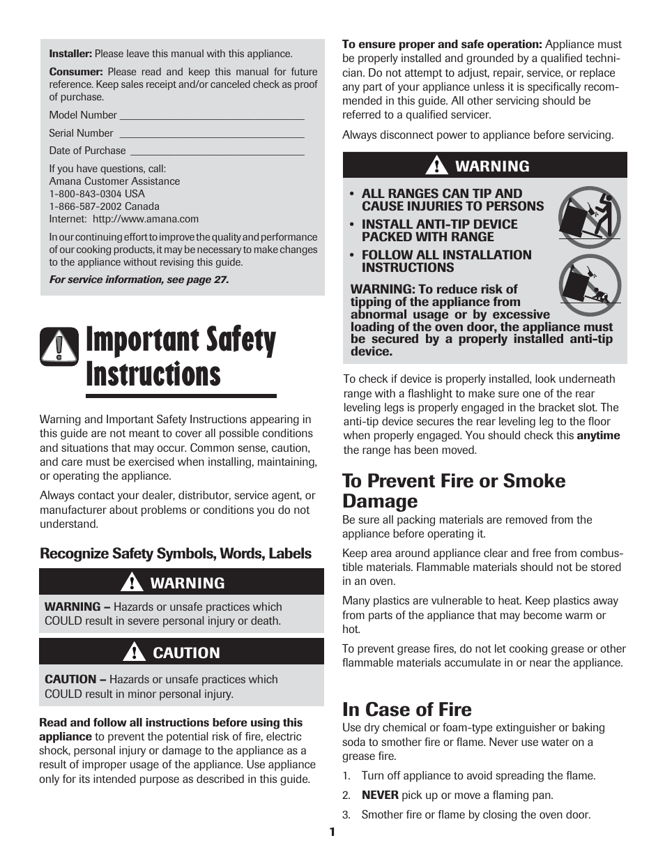 Important safety instructions | Amana 8113P454-60 User Manual | Page 2 / 84