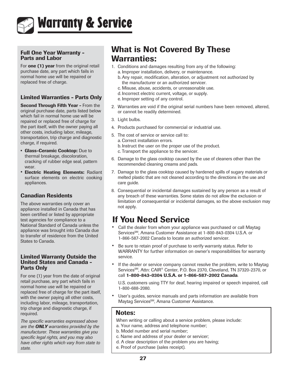 Warranty & service, If you need service, What is not covered by these warranties | Amana 8113P454-60 User Manual | Page 28 / 84