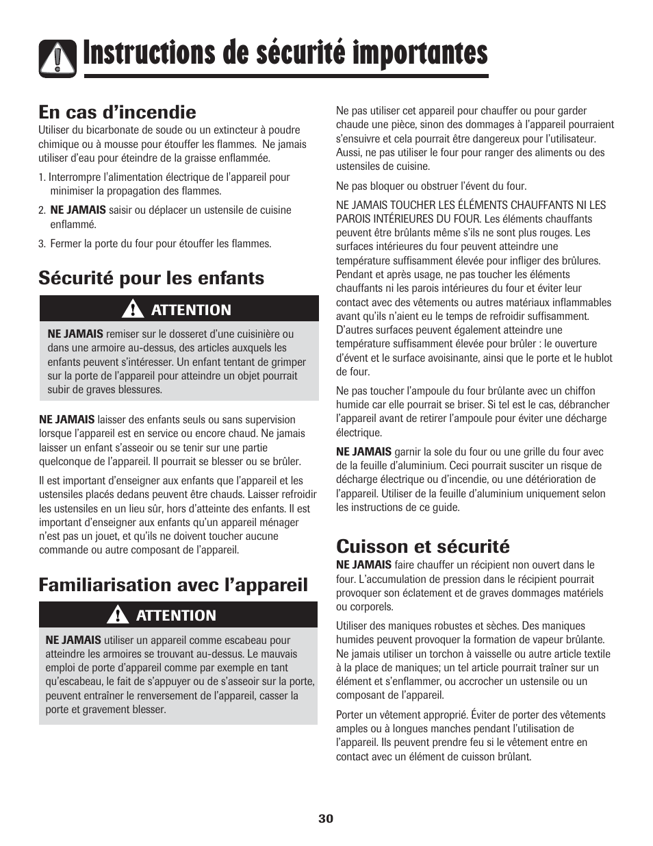 Instructions de sécurité importantes, En cas d’incendie, Sécurité pour les enfants | Cuisson et sécurité, Familiarisation avec l’appareil | Amana 8113P454-60 User Manual | Page 31 / 84