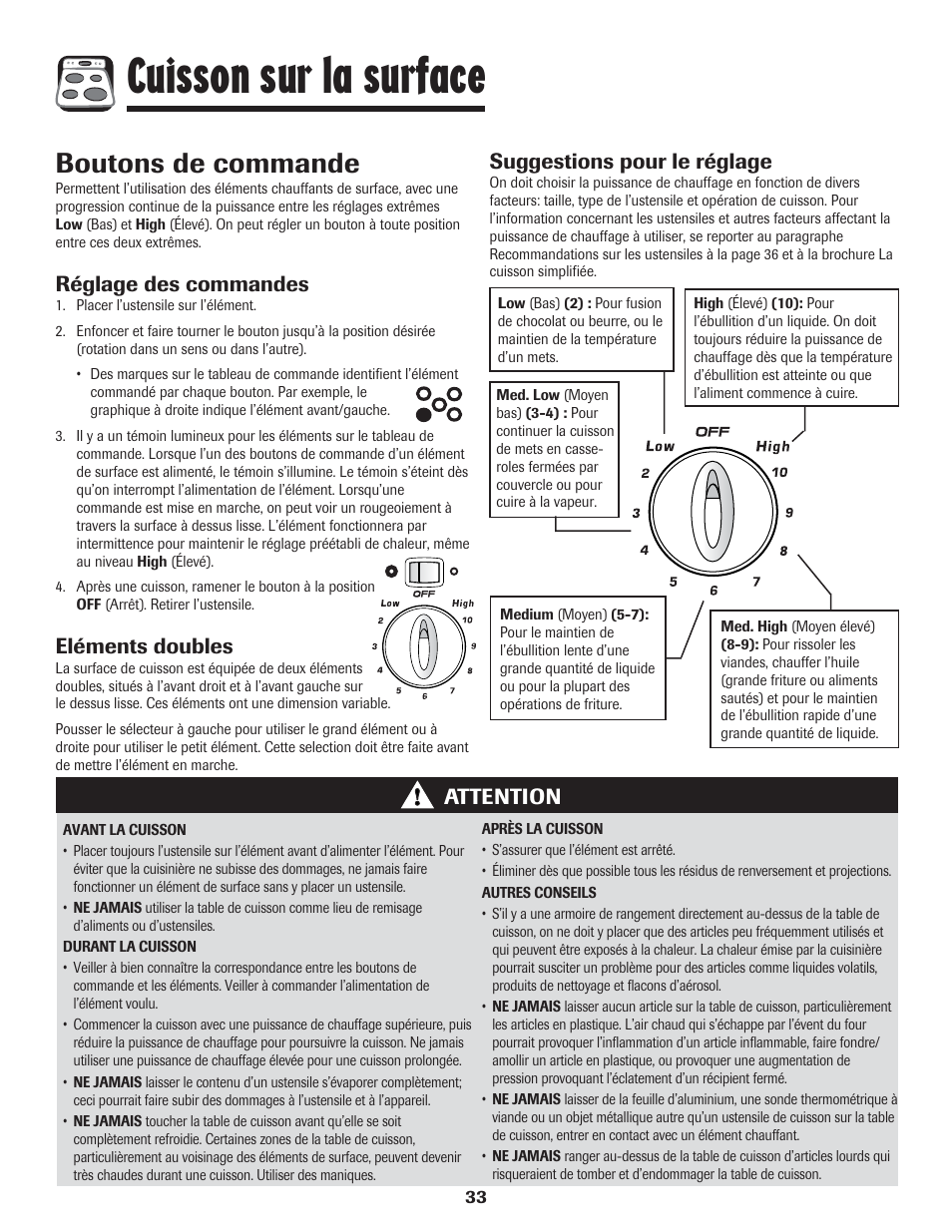 Cuisson sur la surface, Boutons de commande, Réglage des commandes | Eléments doubles, Attention suggestions pour le réglage | Amana 8113P454-60 User Manual | Page 34 / 84