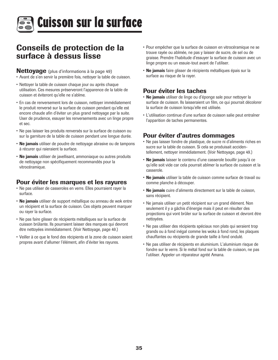 Cuisson sur la surface, Nettoyage, Pour éviter les marques et les rayures | Pour éviter les taches, Pour éviter d’autres dommages | Amana 8113P454-60 User Manual | Page 36 / 84