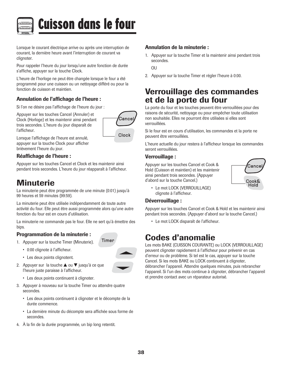 Cuisson dans le four, Minuterie, Verrouillage des commandes et de la porte du four | Codes d’anomalie | Amana 8113P454-60 User Manual | Page 39 / 84