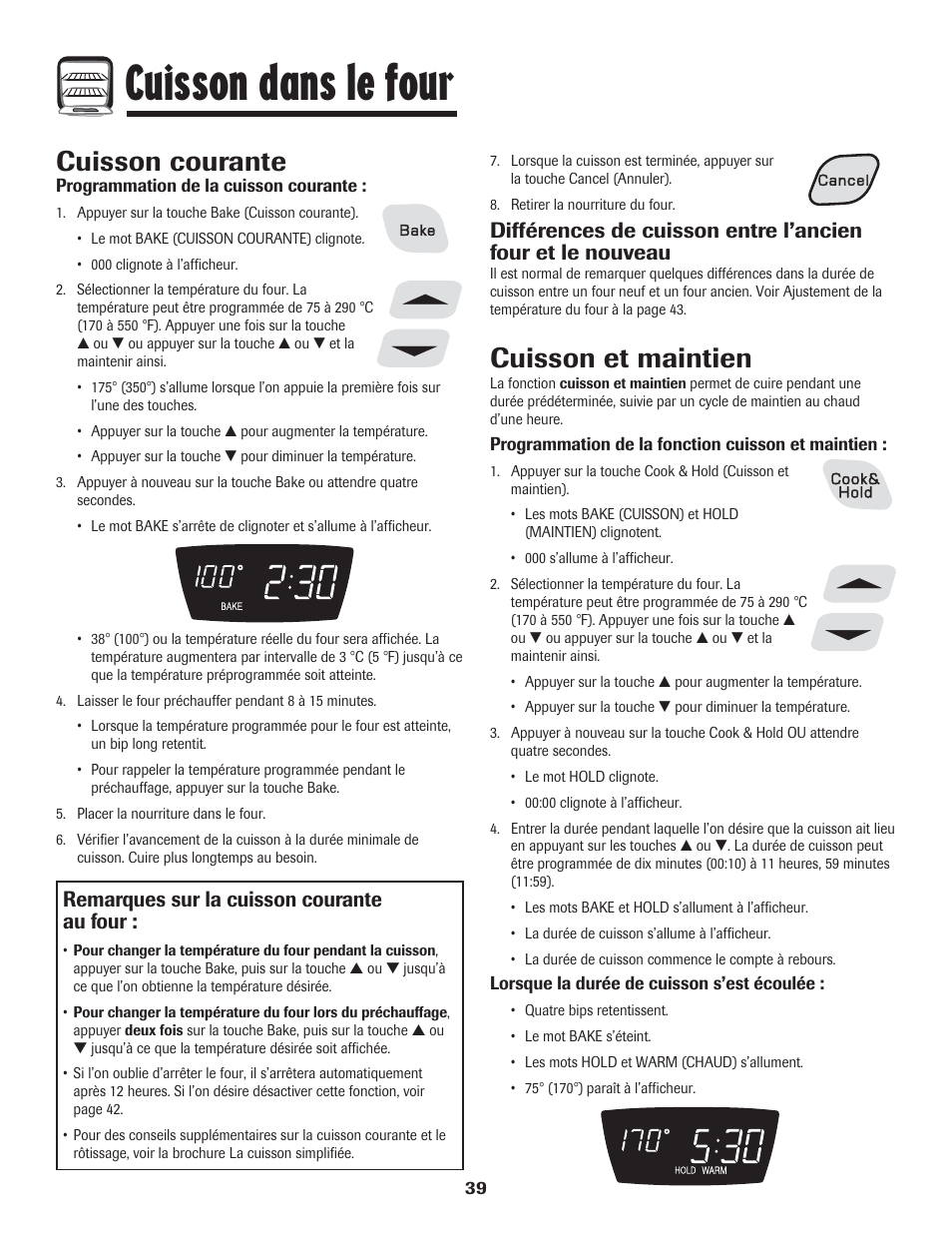 Cuisson dans le four, Cuisson courante, Cuisson et maintien | Remarques sur la cuisson courante au four | Amana 8113P454-60 User Manual | Page 40 / 84