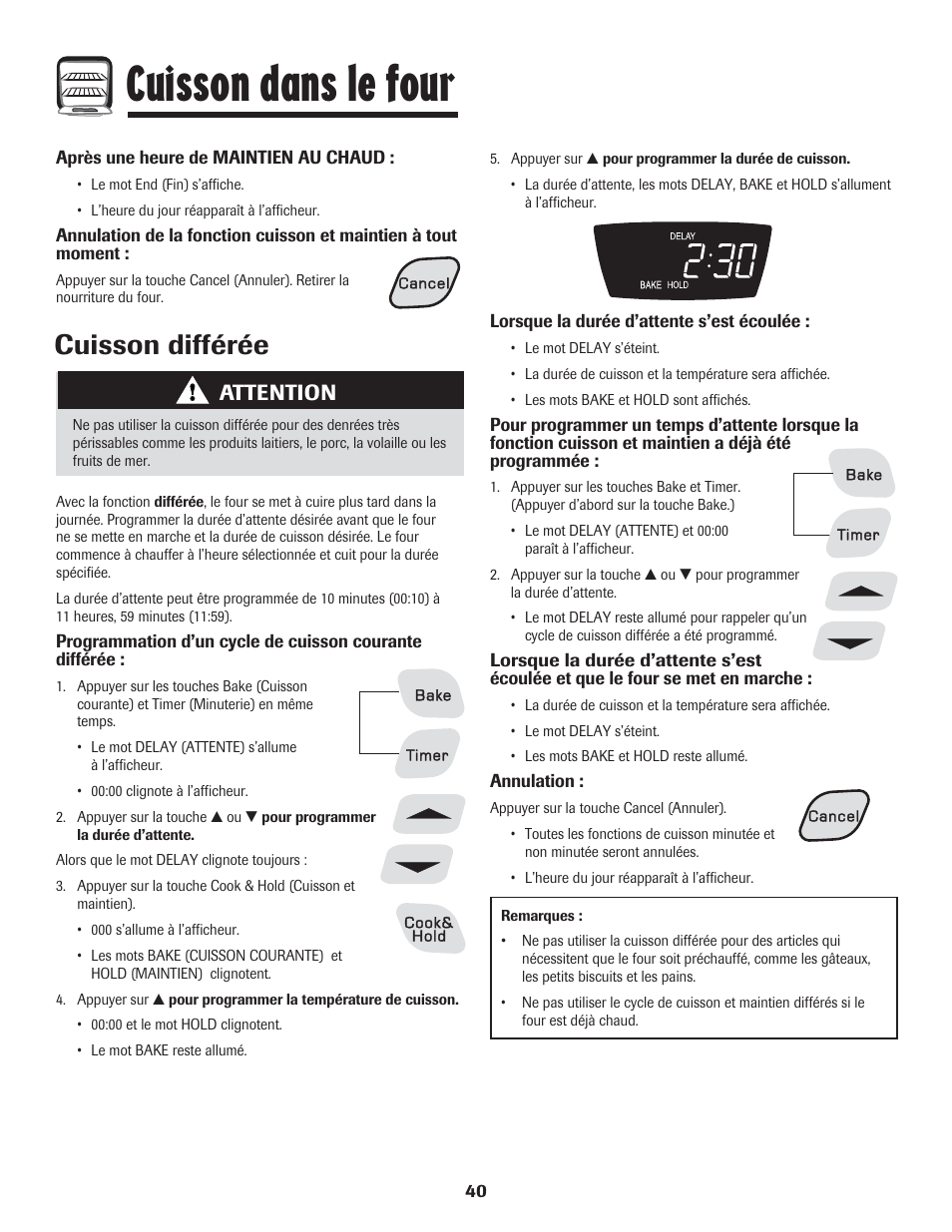 Cuisson dans le four, Cuisson différée, Attention | Amana 8113P454-60 User Manual | Page 41 / 84